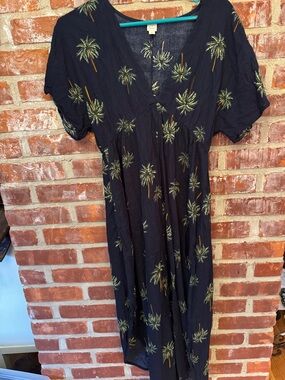 LOFT Beach Navy Dress with Green Palm Print